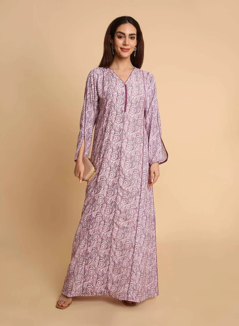 HANA & SARA Purple Rose Swirl Printed Arabic Jalabiya Dress for Women's